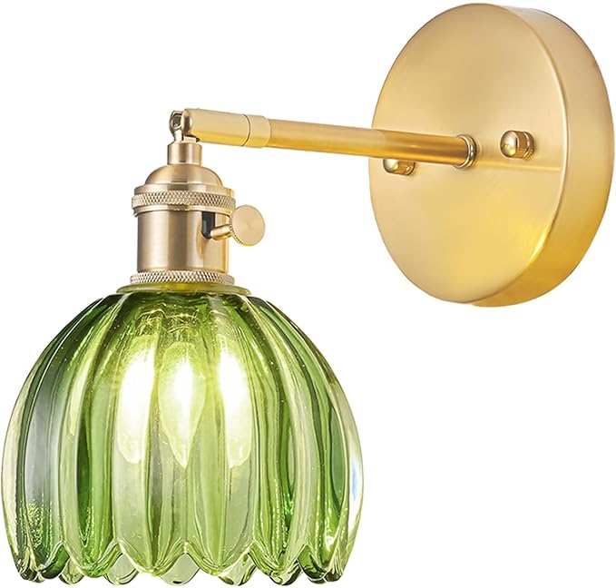 Hardwired Wall Sconce Light, Vintage Wall Sconce with Switch, Gold Wall Light Fixture with Tulip Green Glass Lampshade, Indoor Wall Light for Bedroom Bathroom, Bedside Wall Lamp