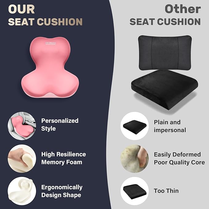 Coverado Car Seat Cushion and Lumbar Support Pillow One Piece, Memory Foam Ergonomic Back Support Driving Seat Cushion for Back Pain, Non-Slip Washable Cushion for Car, Driver, Office