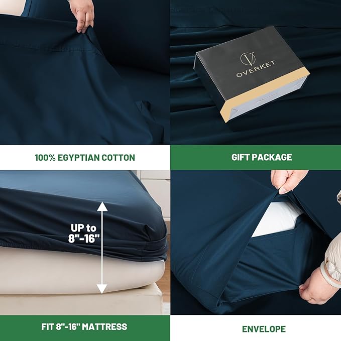 1000 Thread Count Egyptian Cotton Sheets Queen Size Set 4PCS Sateen Weave Soft Breathable 16-Inch Deep Pocket(Queen,Navy)