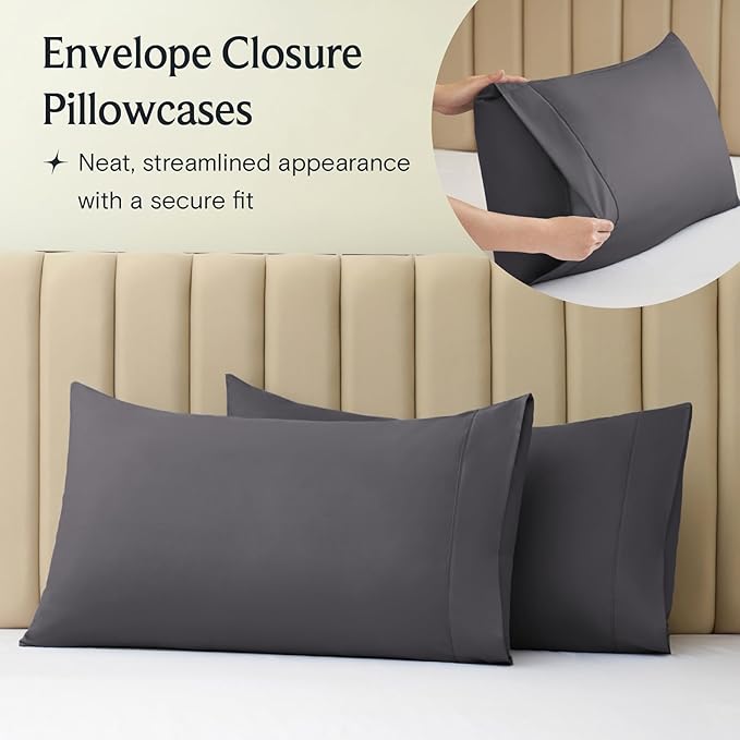 LuxClub 4 PC Full Size Sheet Set Sheets Deep Pockets Wrinkle Free Cooling Sheets Machine Washable Hotel Bedding Silky Soft - Dark Grey Full