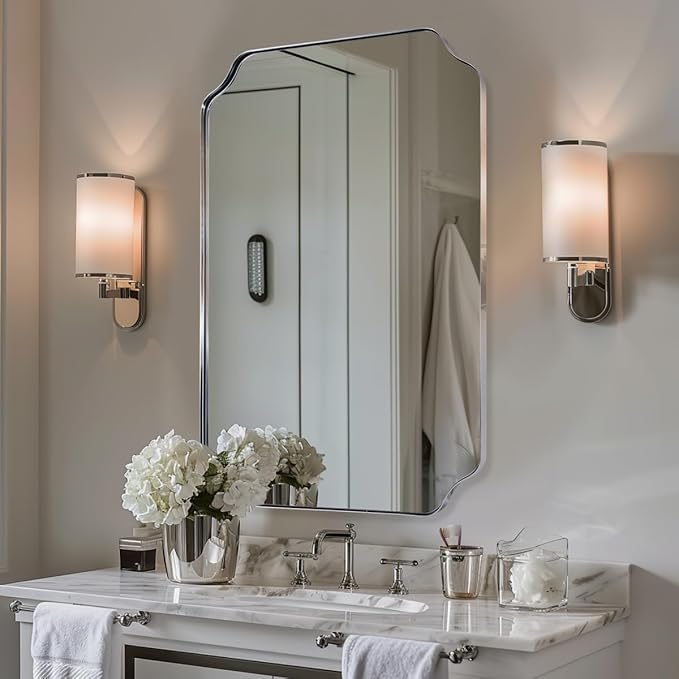 ANDY STAR Chrome Bathroom Mirror, 24x32 Inch Polished Chrome Rectangle Mirror, Scalloped Bathroom Mirror with Stainless Steel Metal Frame, Thin Frame Deep 1’’