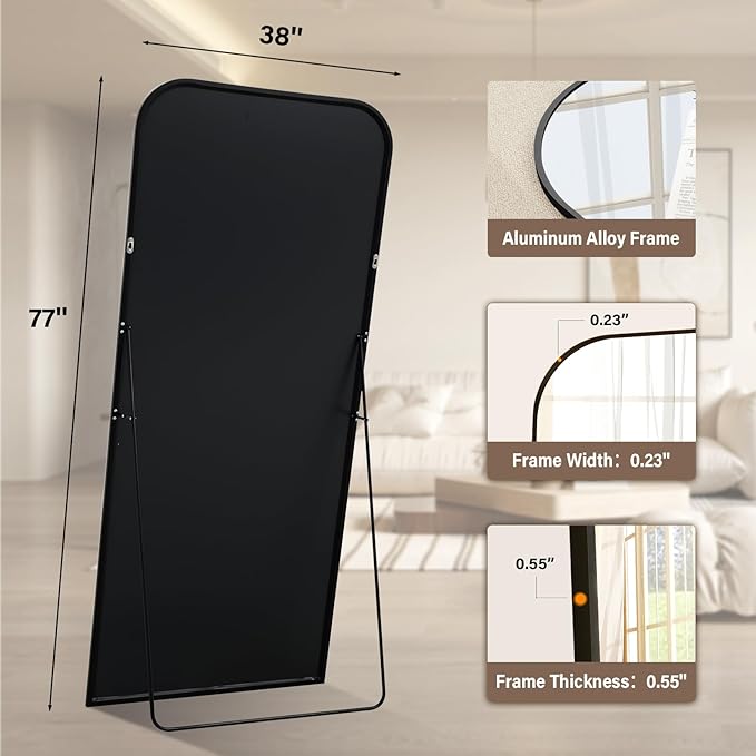 77''x 38'' Full Length Mirror, Rectangular Full Body Mirrors with Stand, Wall Mounted Mirror for Home Decor, Floor Mirror with Aluminum Alloy Thin Frame, Black