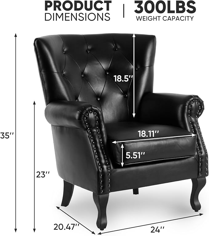 MOJAY PU Leather Accent Chair, Mid-Century Modern Armchair Living Room Club Chair with Tufted Button & Rivet Trim, Upholstered Sofa Chair with Sturdy Wood Legs for Bedroom (Black)