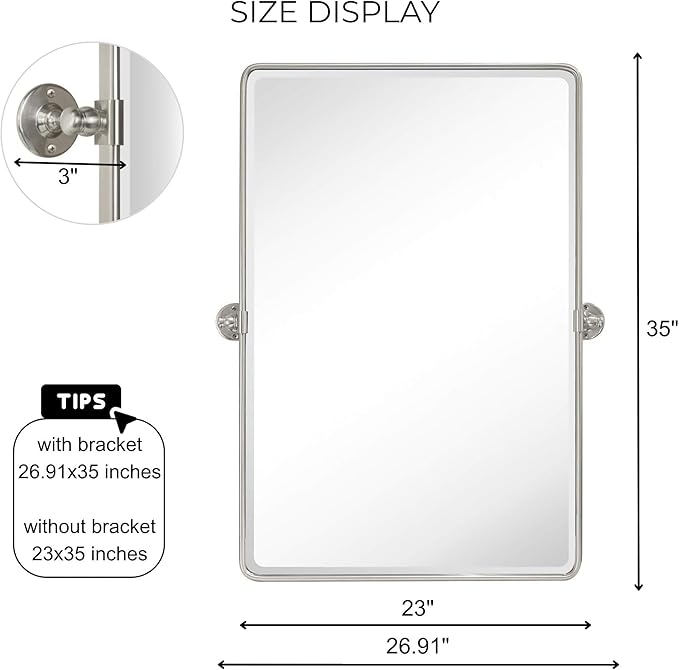 TEHOME Brush Nickel Pivot Rectangle Bathroom Vanity Mirrror Farmhouse Tiltable Rounded Metal Framed Pivoting Bathroom Mirror with Beveled Mirrror, Overall 26.91 x 35 inches (Mirrror 23 x 35 inches)