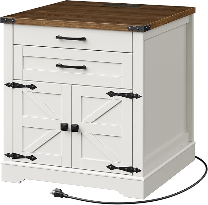 Farmhouse End Table with Charging Station, 24'' Sofa Side Table with 2 Drawers and Barn Door, Large Rustic Wooden Square Nightstand for Bedroom, Living Room, White and Walnut