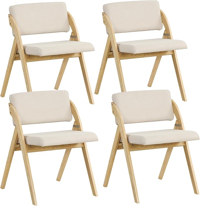 GOFLAME Folding Dining Chairs Set of 4, Upholstered Kitchen Chairs with Padded Seat & Backrest, Modern Side Chairs with Rubber Wood Legs for Home Office Events, Wedding, No Assembly Needed, Natural