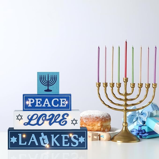 Hanukkah Decorations for Home, 4-Layered LED Wood Block with Dreidel Star of David Menorah Hanukkah Decor, Decorative Blue & White Jewish Judaism Chanukah Decor for Mantel Tabletop Party