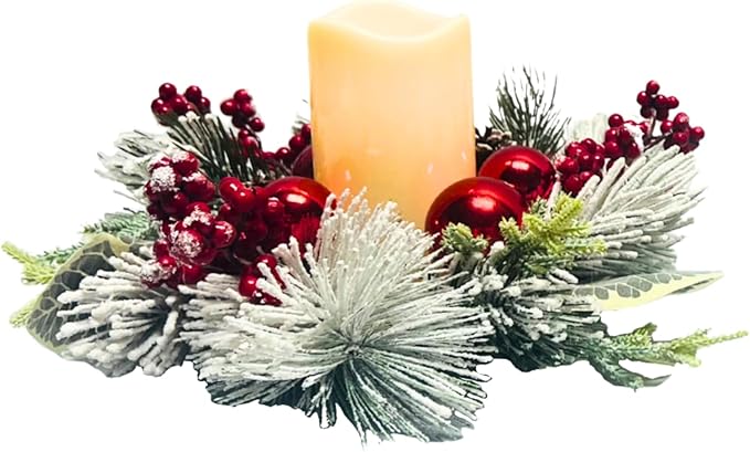 Christmas Candle Rings Wreaths(2 Pcs) Snow Flocked Candle Rings Pine Branches, Red Berries, Pinecones Pillars Candle Rings Christmas Table Centerpiece for Front Door Window Wall Decor