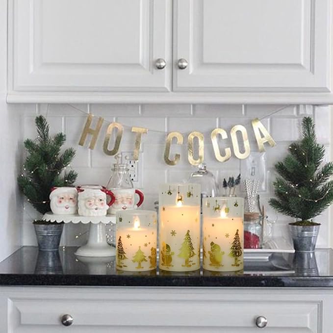 DRomance Christmas Battery Operated Flameless Candles Flickering Remote and Timer Glass LED Pillar Candles Moving Wick Real Wax Gold Snowman Christmas Tree Decals Holiday Decor D3 x H4, 5", 6"