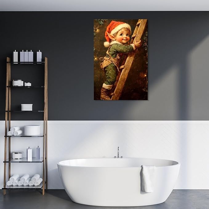 Medpol Vintage christmas wall art christmas elf painting winter cottagecore canvas poster for farmhouse home decor apartment dormitory Framed20x30inch
