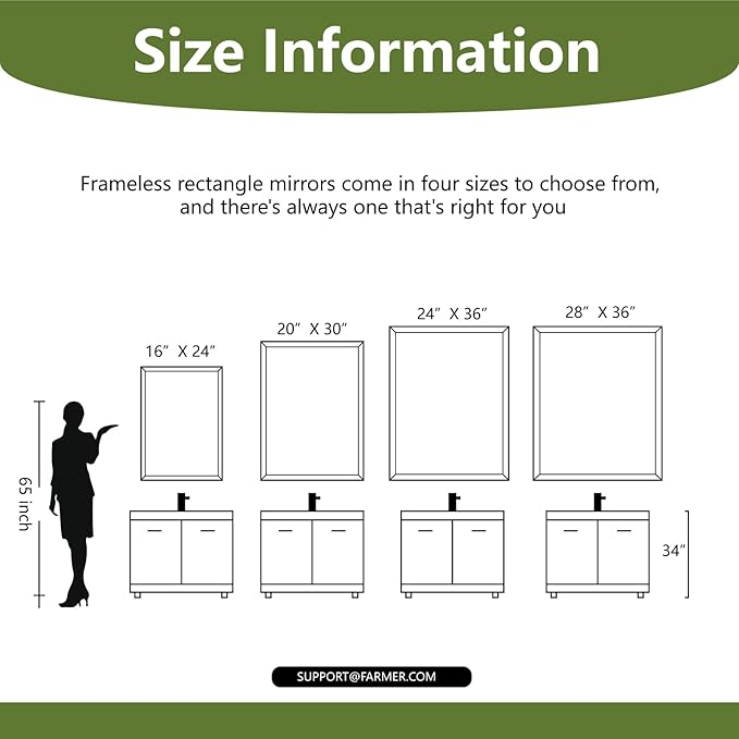 FARMER Rectangle Frameless Mirror, 16x24 inch Rectangle Mirror with 1" Beveled Edge, Beveled Bathroom Mirror for Wall, Vanity, Bedroom, Living Room