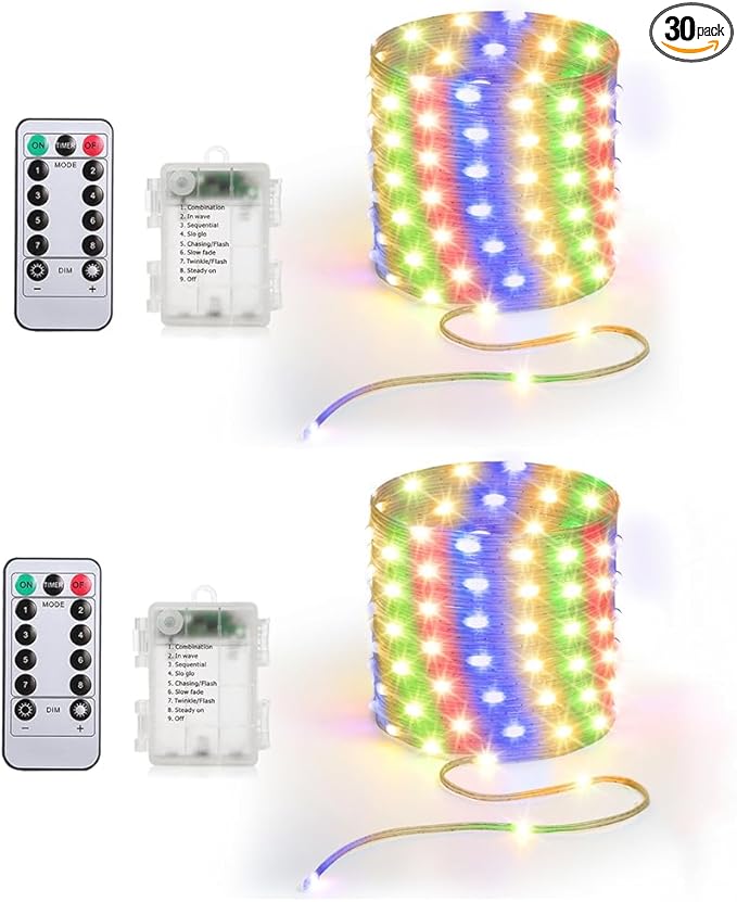 Battery Operated String Lights (2 Pack), 33ft 100 LED Fairy String Lights Battery Powered w/Remote & Timer for Indoor Outdoor Christmas Trees Wreath Decoration Bedroom Patio - Multicolor