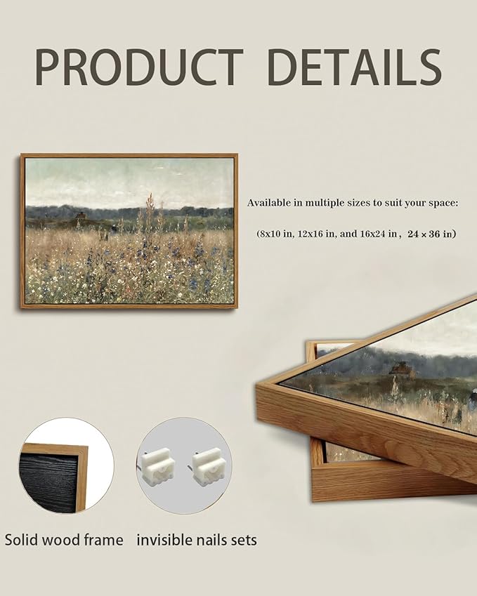 KISSFOX Vintage Landscape Canvas Wall Art Fall Farmhouse Wildflower Field Framed Wall Art Autumn Natural Serene Countryside Paintings Artwork Rustic Art Prints For Bedroom Bathroom Living Room