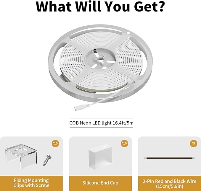 PAUTIX COB LED Strip Neon Rope Light 16.4ft/5m, 2700K Warm White 504 LEDs/m 24V,Silicone LED Neon Light IP68 Waterproof for Outdoor Indoor Lighting Decor(Power Supply NOT Included)