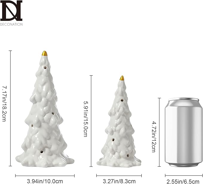 DN DECONATION Ceramic Christmas Tree with Lights, Tabletop Tree Decor for Home, Battery-Operated White Xmas Tree Snow-Covered Set of 2 for Christmas Mantel Table Centerpiece Decorations