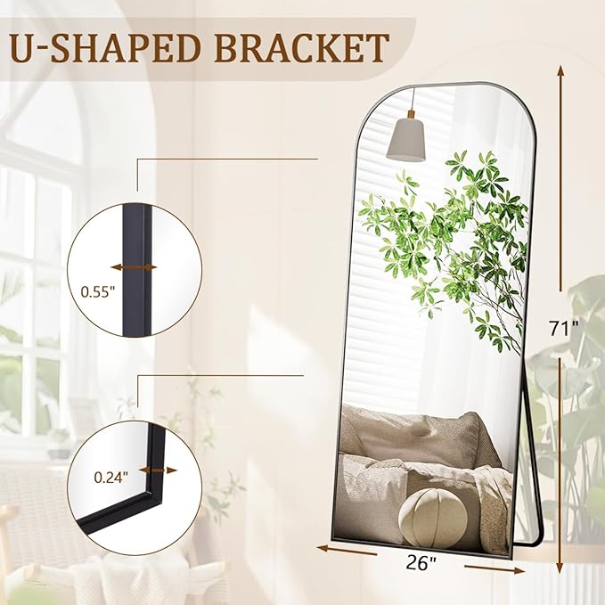 Koonmi Mirror, 71x26 inch Full Length with Stand, Black, Rounded Top, Floor Mount, Aluminum Frame, for Bedroom, Living Room