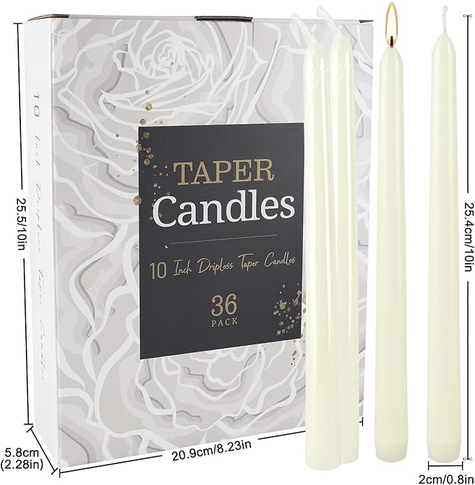 36 Pack Ivory Taper Candles 10 inch(H) Dripless, Smokeless & Unscented - Long Burning Time - Hand Poured Tall Candlesticks - Ideal for Restaurant,Weddings, Dinner Parties, and Home Decor