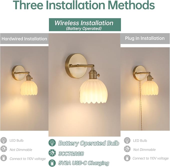 Vintage Battery Operated Wall Sconce with Cute White Tulip Glass Lampshade Wireless Rechargeable Battery Powered Wall Light with Remote Control for Bedside Bedroom Doorway