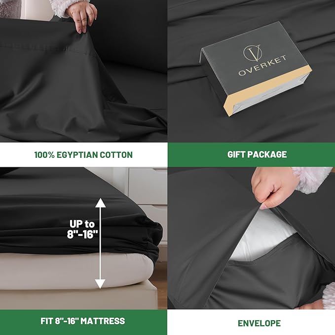 100% Egyptian Cotton Sheets Cal King Sheet Set 4PCS 1000 Thread Count Sateen Weave Soft Breathable 16-Inch Deep Pocket(California King,Black)