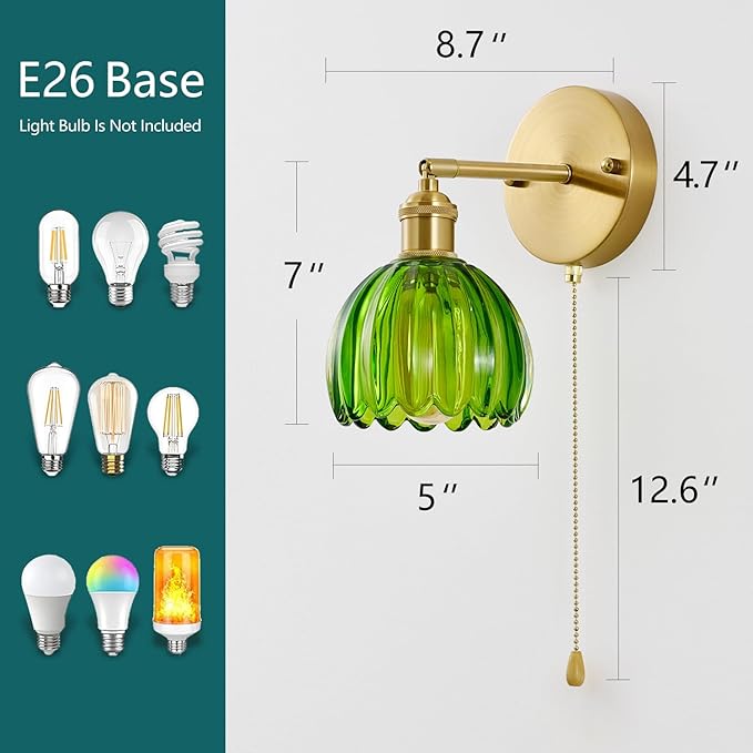 Vintage Wall Sconces with Pullswitch, 180 Degree Adjustable, Hradwired Modern Wall Lighting Fixture with Green Tulip Glass Lampshade for Bedroom Bedside Bathroom(2pack)