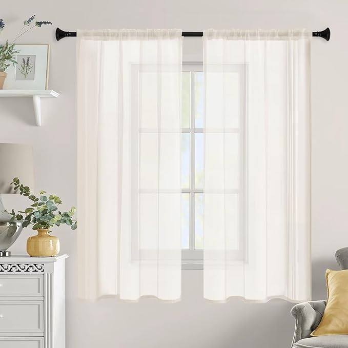 Sheer Curtains 45 Inches Long 2 Panels, Rod Pocket Short Curtain for Kitchen, Bedroom, Cafe Window(Ivory 38" W x 45" L)