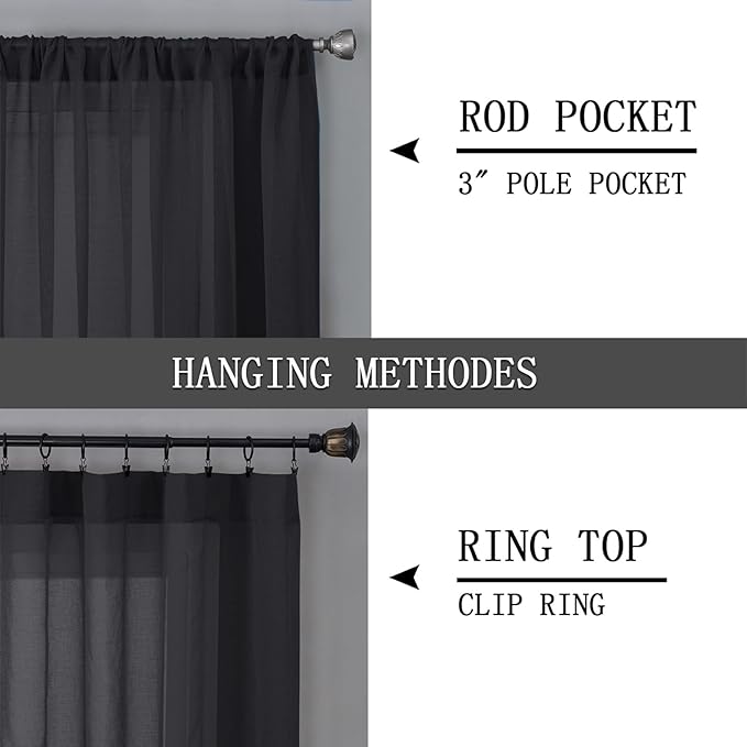 Tollpiz Sheer Curtains Bedroom Linen Textured Curtain Sheers Light Filtering Voile Rod Pocket Curtains for Living Room, 38 x 84 inches Long, Black, Set of 2 Panels