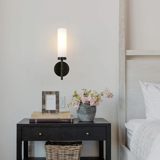 Black Bathroom Wall Sconces Set of 2, Modern Sconces Wall Lighting Vanity Lights with Opal White Glass Shade, Farmhouse Wall Mount Lamp for Mirror Living Room Bedroom Hallway Kitchen Stairs