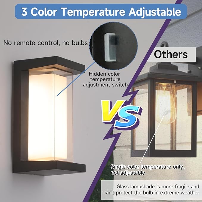 Modern Outdoor Wall Lights,24W Exterior Wall Lanterns,15%-100% Dimmable,3CCT 3000K/4000K/6500K,2160LM Aluminum Outdoor Wall Light Fixtures,10.23 Inch Matte Black Indoor Wall Sconces Art Lights 4 Pack
