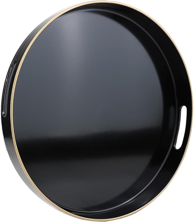 Black Round Decorative Tray with Handles, 13" Versatile Serving Tray for Coffee Table, Ottoman, Ideal for Serving, Displaying, Organizing