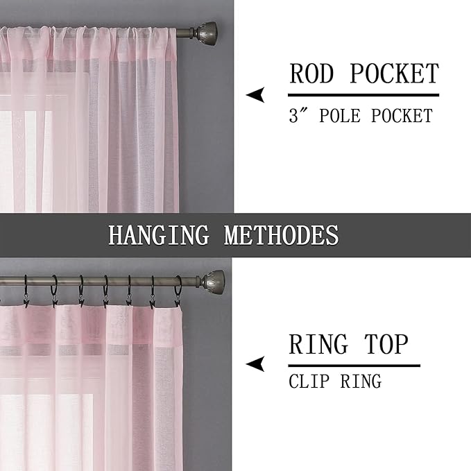 Tollpiz Short Sheer Curtains Linen Textured Bedroom Curtain Sheers Light Filtering Rod Pocket Voile Curtains for Living Room, 54 x 45 inches Long, Pink, Set of 2 Panels