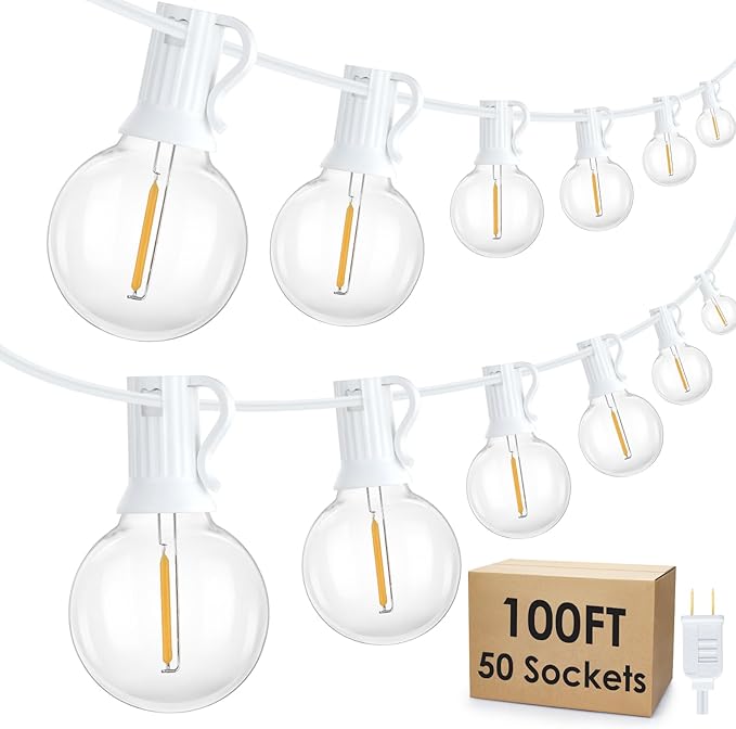 Mlambert 100Ft LED Outdoor String Lights, Dimmable Waterproof G40 Globe Patio Lights with 50+3 2700K Shatterproof Bulbs for Cafe Bistro-White Cord