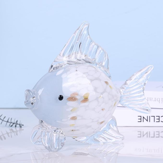 9.4 in Blown Colored Glass Fish Statue, Blue Glass Fish Paperweight Sculpture for Modern Home Decor, Living Room Coffee Table, Office Desk, Dining Table Centerpiece (C)