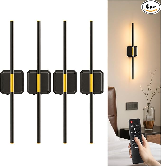 Battery Operated Wall Sconce Detachable 360°Rotate, Wireless Wall Lamp 3000-6500K Dimmable, 10000mAh Rechargeable Wall Light for Bedroom, Living Room,28" Black Gold(4 Pack