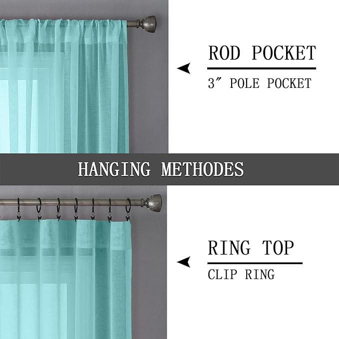 Tollpiz Sheer Tier Curtain Linen Textured Half Kitchen Curtains Sheer Light Filtering Rod Pocket Voile Small Curtains for Bathroom, 25 x 36 inches Long, Crystal Blue, Set of 2 Panels
