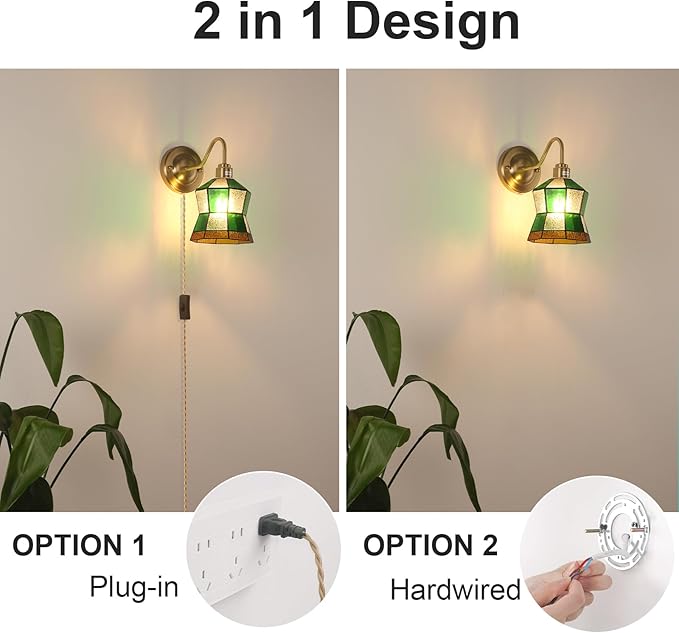 Vintage Wall Sconce, Wall Lamps with Polygonal Checker Sconce, Stained Glass Shade Brass Wall Lights Fixture with Plug in Cord and Switch for Bedroom Bathroom Living Room Hallway
