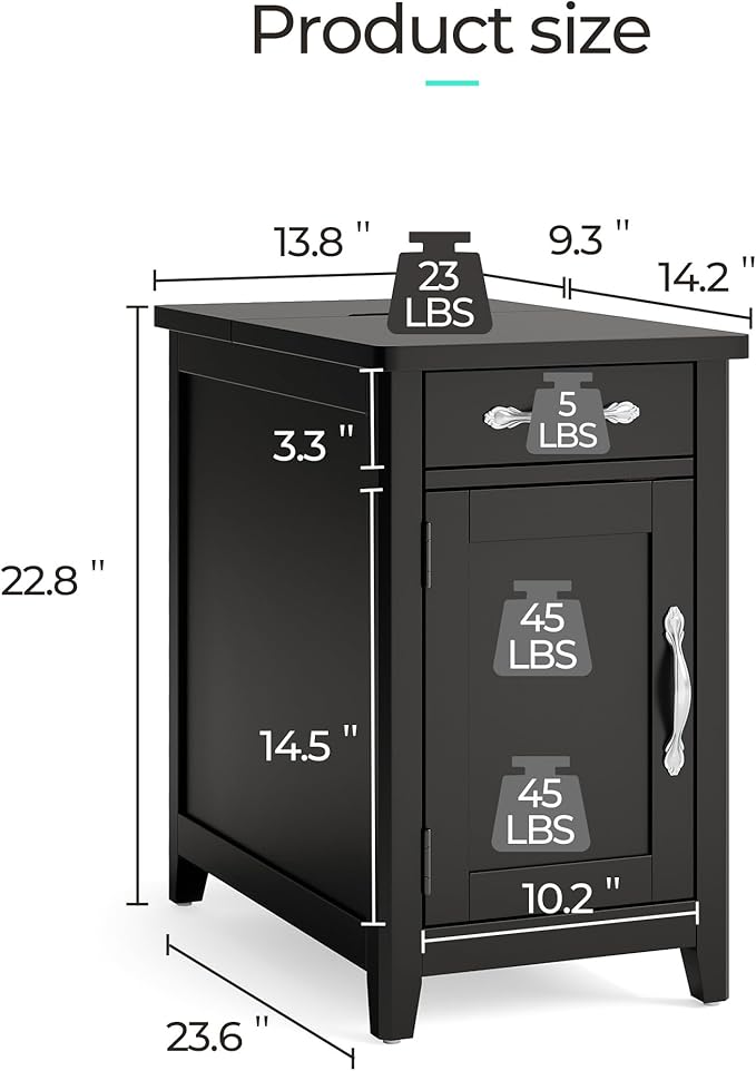 LINSY HOME End Table Set of 2 with Charging Station, Modern Farmhouse Sofa Couch Side Table, Wooden Bedside Table for Living Room Bedroom, Narrow Nightstand with Storage for Small Space, Black
