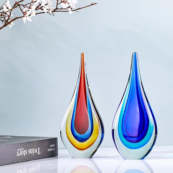 9" Tall Sculpture Hand Blown Glass Decor, Paperweight for Office Desk, Modern Glass Art Figurines Mediterranean Beach House Decor, Living Room Coffee Shelves Table Top Decoration (Blue)