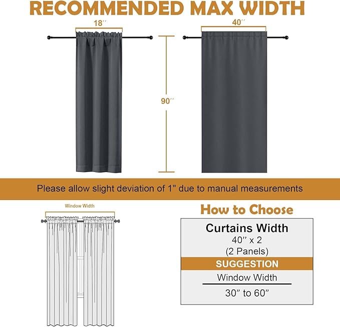 Aiyufeng Grey Blackout Curtains for Bedroom 90 Inches Long 2 Panels Set, Solid Privacy Energy Saving Living Room Window Treatment Curtains Blackout Drapes, W40 x L90 Inch, Grey