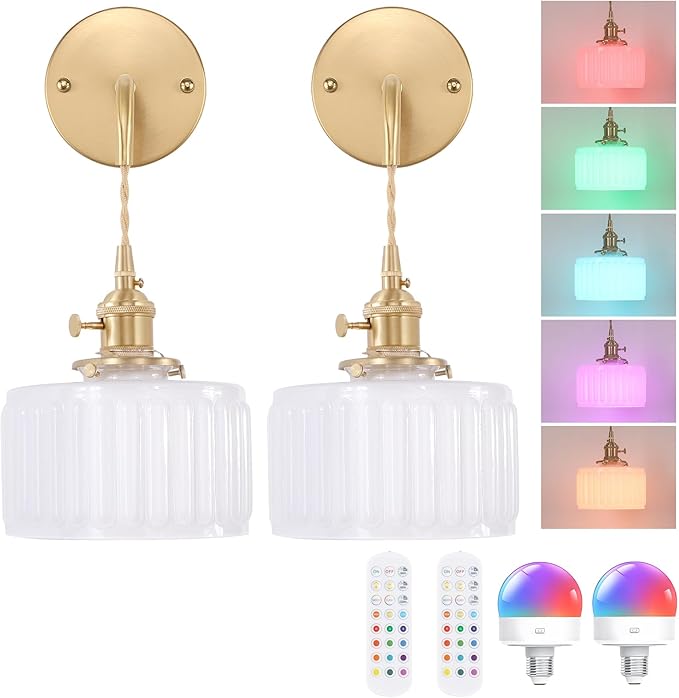 Battery Operated Wall Sconce with White Striped Shade Pattern Glass Adjustable Chain Retro Wall Mounted Light, Modern Wall Lamp Fixtures Decor for Bedside Bedroom Indoor Doorway,Set of 2