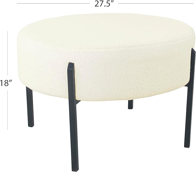 HomePop Modern Metal Sherpa Round Ottoman Home Décor Upholstered Round Foot Rest Ottoman - Cream