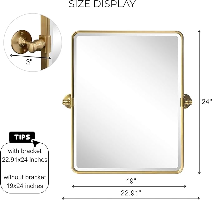 Farmhouse Gold Metal Framed Pivot Rectangle Bathroom Mirror Rounded Rectangluar Tilting Beveled Vanity Mirrors for Wall, Overall 22.91 x 24 inches (Mirrror 19 x 24 inches)