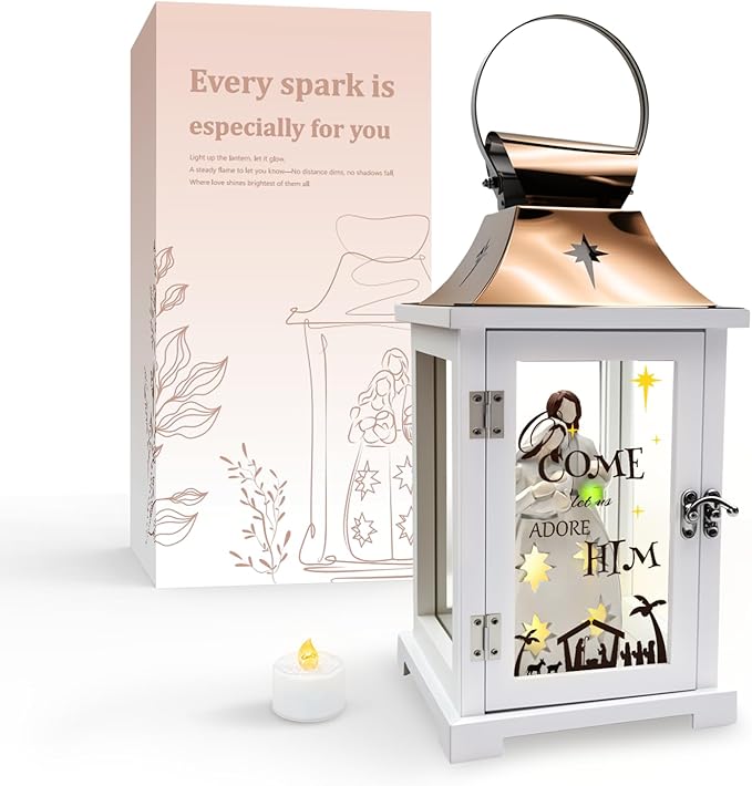 Christmas Candle Lanterns Decorative Indoor- Hanging Candle Lantern with Resin Christmas Nativity Figurine That Light up for Modern Farmhouse Decor, Xmas Lantern for Table Centerpieces, Home Décor
