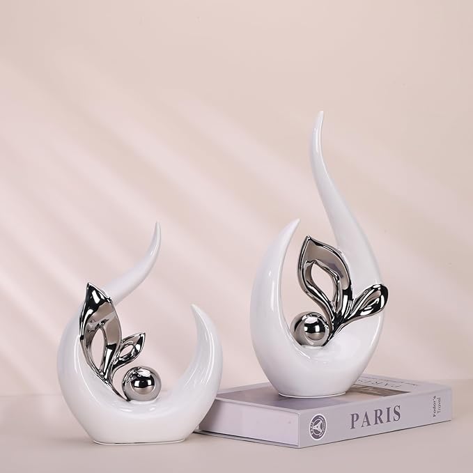 13" H White Silver Abstract Sculptures Home Decor, Ceramic Art Statue Cool Stuff to Put on Shelves&tv Stand Decor, Silver Accent Entertainment Center, for Fireplace Coffee Table Dining Table Decorate