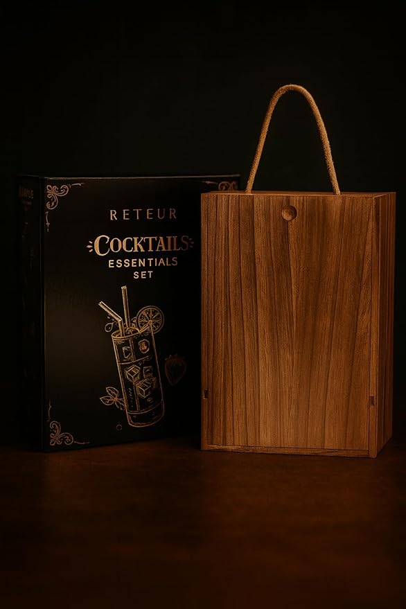 Cocktail Shaker Set RETEUR -10 Piece Bartender Kit with Rustic Wood Box -Bar Tool Set Stainless Steel - Home Cocktail Shaker Set- Bar Set, Essential and Excellent Gift., Silver