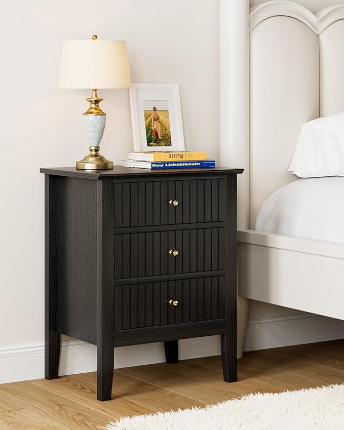Fluted Nightstand, Farmhouse Night Stand with 3 Drawers, Mid Century Modern Side Accent Table,Bedside End Table for Bedroom, Living Room, Black