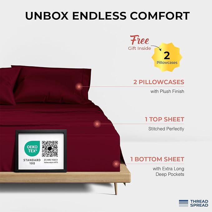 THREAD SPREAD 100% Egyptian Cotton Sheets Queen Size - 1200 Thread Count 4 PC Queen Sheet Set Egyptian Cotton, Sateen Weave Luxury Sheets Queen, High Thread Count Sheets, 17" Deep Pocket - Burgundy