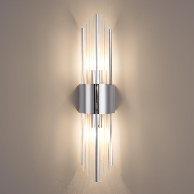 Modern Crystal Wall Sconce, Chrome Finish Wall Sconce, Made of Stainless Steel and Crystal Strip, 21.3 x 4.7 x 2.4 Inches, with 2 E12 Light Sources, Hardwired, Non-Rechargeable