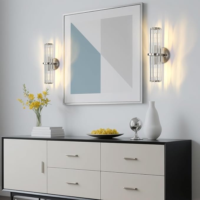 Crystal Wall Sconce Set of 2, Brushed Nickel Luxury Indoor Vanity Wall Lamp, 15.7-Inch Upper and lower illuminated Bathroom Light Fixtures, for Living Room, Bedroom, Bathroom, Hallway, Mirror, E26