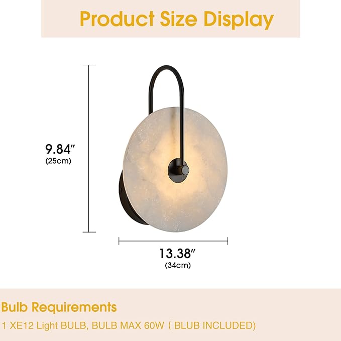 Round Alabaster Wall Sconce, Natural Marble Lampshade Wall Sconce, Hardwired Circular Sconce LED Modern Wall Lamp for Bedroom, Stairs, Living Room, Bedside, Hallway 9.84 Inch Black