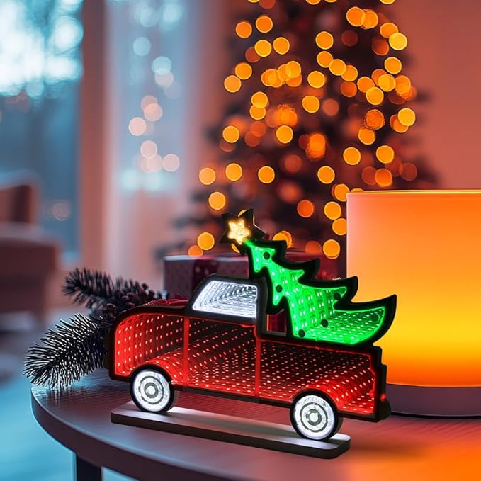 MEETYAMOR Christmas Decorations Indoor, Christmas Tree Truck Infinity Mirror Tunnel Light, 3D Endless Extension LED Night Lamp, USB Powered Colorful Table Centerpiece for Living Room Home Decor